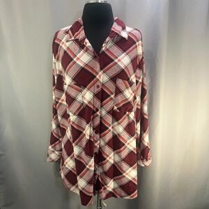 No Comment Shirt Womens 3X Plus Multi Plaid Roll Tab Sleeve Stretch Button Up